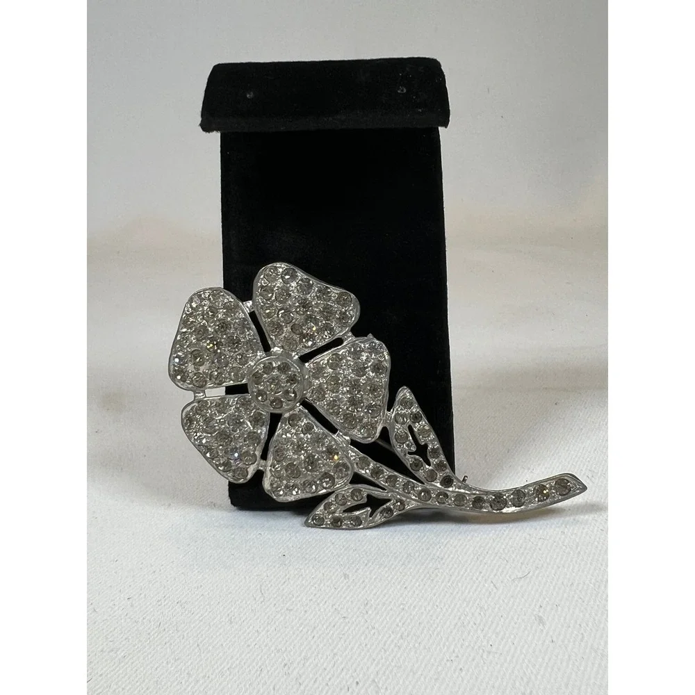 Vintage Silver Tone Rhinestone Flower Brooch Floral Statement Pin Crystal Clear